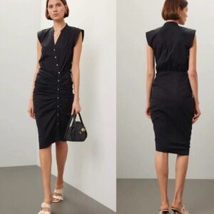 Veronica Beard Black Ruched Button-Front Midi Dress
